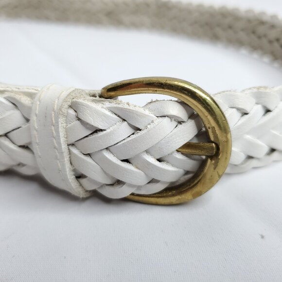 Womens White Braided Leather Belt Sz L Gold Tone Buckle - Picture 2 of 4